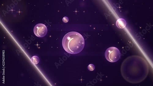 Glowing purple spheres and light beams float in magical cosmic space