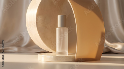 Cosmetic bottle stands elegantly inside a curved wooden arch structure on a minimalist podium.