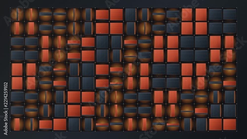 Abstract 3D Grid Animation with Rotating Red and Dark Rectangular Tiles