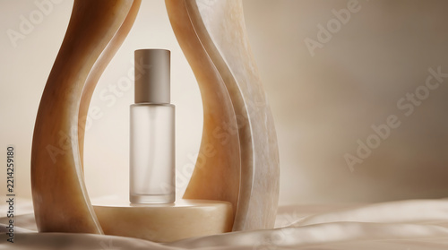 Cosmetic bottle stands elegantly on a minimalist stone podium inside a warm studio setting.