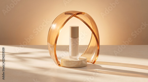 Cosmetic bottle stands elegantly on a circular platform beneath a modern translucent amber arch.