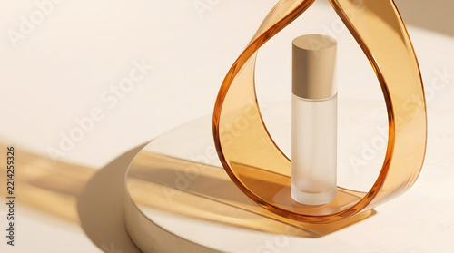 Cosmetic bottle stands elegantly inside a modern golden acrylic loop sculpture on a minimalist podium.