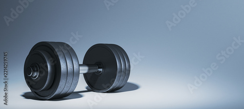 Fotografie Heavy black dumbbell on a modern light background with generous copy space for gym, sport, fitness, and strength training design