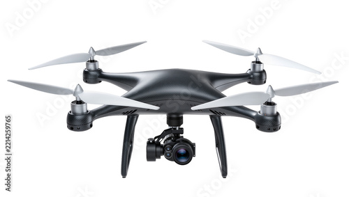 Black quadcopter drone with camera gimbal and white propellers, isolated on transparent background
