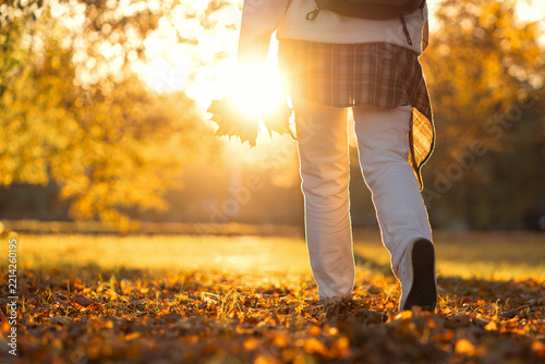 Woman walking through autumn park in golden sunlight, rear view with copy space for text