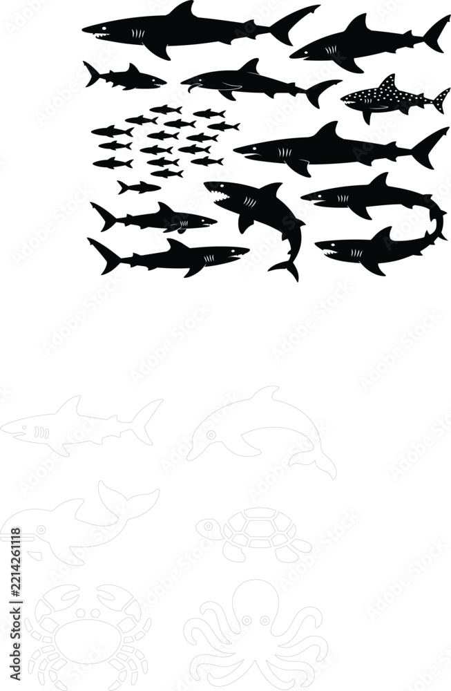 Fototapeta premium Various shark species silhouettes and school of small fish vector collection isolated on white background