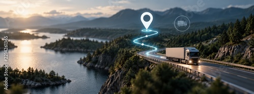 Semi truck driving on mountain highway with digital gps tracking overlay for logistics supply chain management and shipping concept
