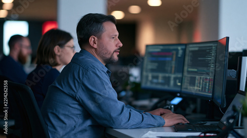 Focused on the Code: A diligent software developer concentrates on his dual monitors, surrounded by the hum of a modern office environment, showcasing a dedication to technology and problem-solving.