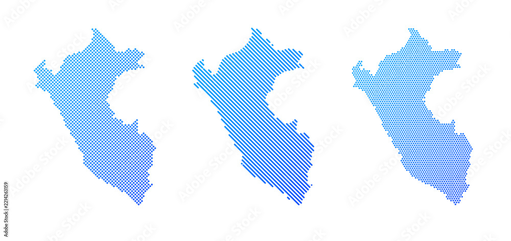 Obraz premium Peru - Collection of stylized country silhouettes in three graphic patterns: dotted, diagonal striped and halftone. Clean blue vector designs isolated on white.