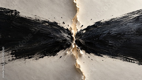 Abstract of two dark brush strokes pushing against each other until the paper tears, symbolizing stubbornness