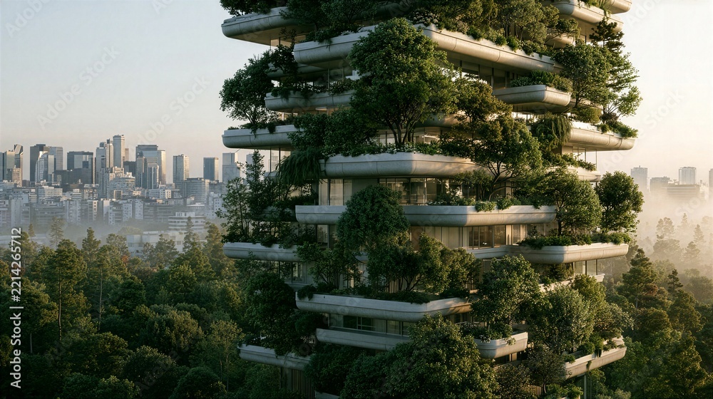 Fototapeta premium Vertical forest residential tower with tiered greenery and city skyline view