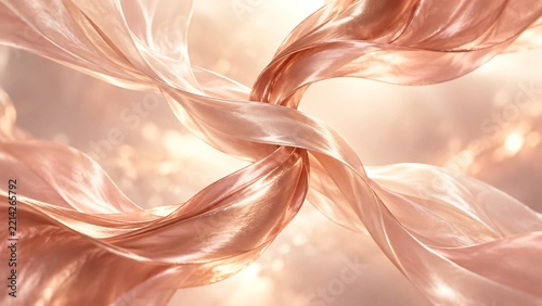 Abstract of two flowing ribbons of rose-gold silk spiraling around each other in soft light, symbolizing deepening love