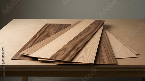 Contrasting wood veneer sheets arranged on a worktable