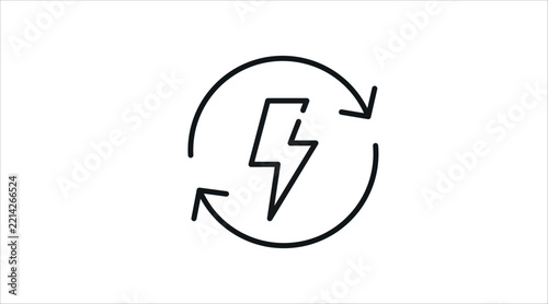 Lightning bolt with circular recycling arrows vector icon. Black line art style on white background. Clean outline power recycle symbol for renewable green electricity, battery recharge
