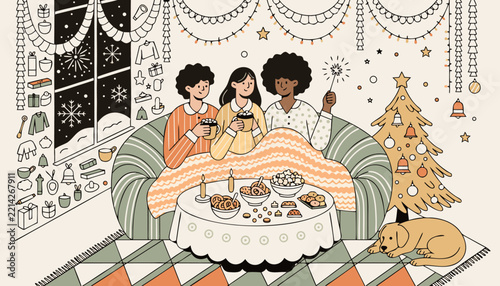 New years eve at home with friends in pajamas, cocoa and sparklers