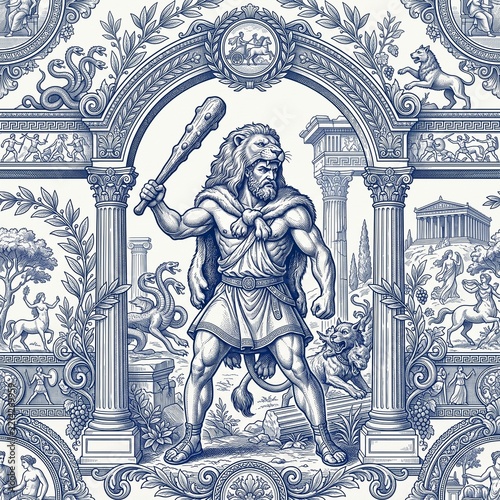 Mythological hero holding a club in a classical decorative scene  