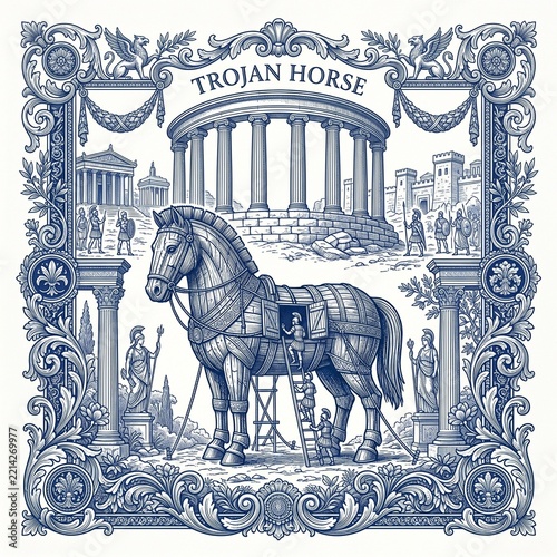Trojan horse illustration with ancient Greek architecture background  