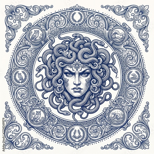 Medusa illustration with serpents and ornate circular design  