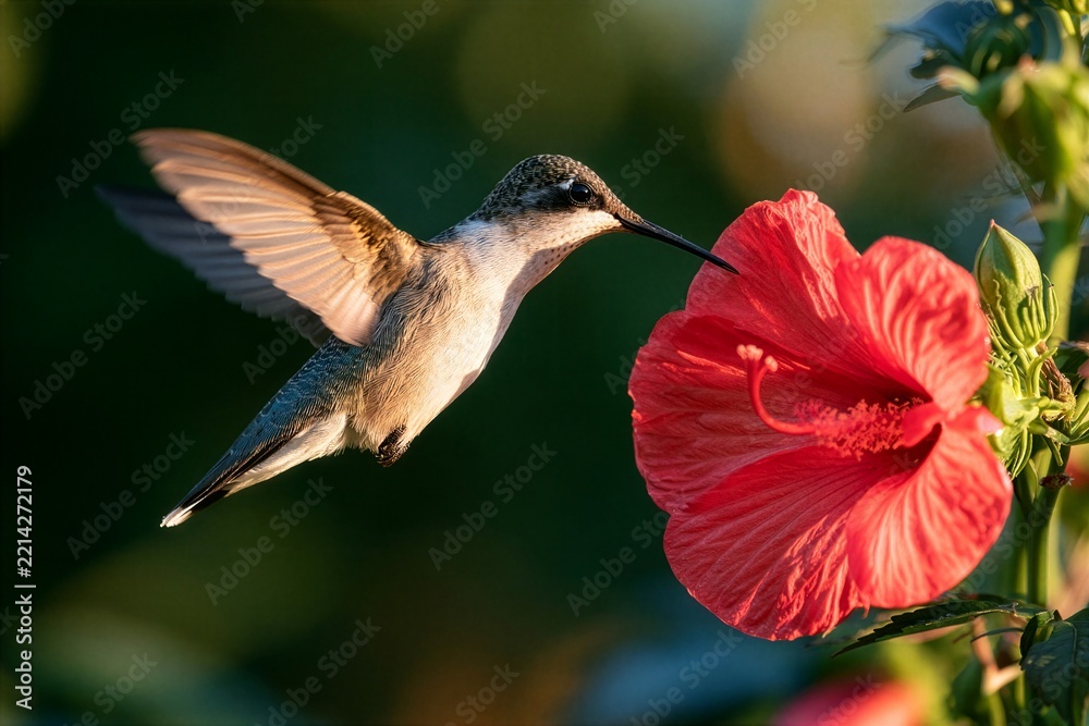 Fototapeta premium Hummingbird hovering beside vibrant red flower in flight