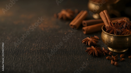 Aromatic Spices Composition: A rustic still life featuring cinnamon sticks and star anise in brass bowls, evoking warmth and culinary delight, perfect for showcasing flavor and aroma.