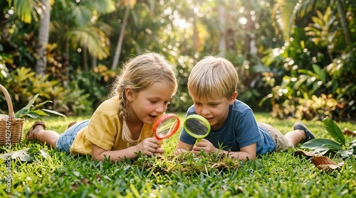 Two young kids enjoy an outdoor science adventure while exploring nature with magnifying glasses.