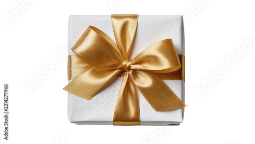 White gift box with golden satin ribbon bow, isolated on transparent background