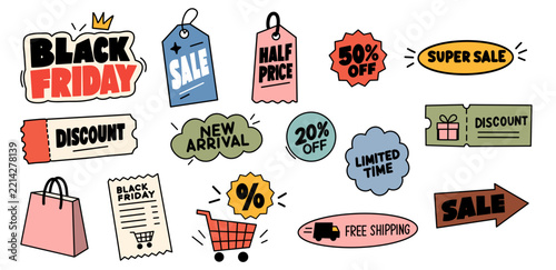 Black Friday Sale Sticker Set with Discount Tags, Shopping Cart, Coupons and Free Shipping Labels