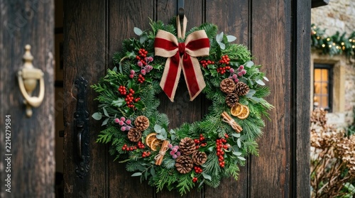Traditional Christmas wreath with red bow hanging on an old rustic wooden door.
