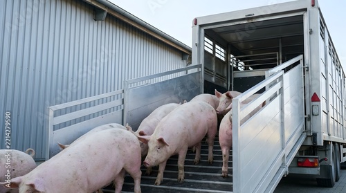 Pigs walking up ramp into livestock transport truck