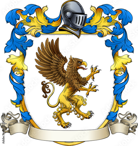 A Griffin or Gryphon coat of arms or crest family heraldry medieval heraldic animal knight shield. With helmet and acanthus filigree scroll ornament in a vintage woodcut style.