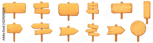 An extensive set of cartoon wooden signposts featuring rectangular, round, and directional arrow banners on single posts. 