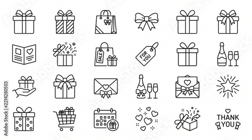 Gift Box and Shopping Icons Set Line Art Vector Illustration
