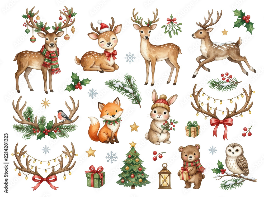 Fototapeta premium Watercolor Christmas collection featuring cute woodland animals and festive holiday elements