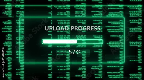 Futuristic Glowing Green Neon Upload Progress Loading Bar Overlay Screen Interface Symbolizing Cyber Data Transfer Complete Concept Isolated on Dark Background