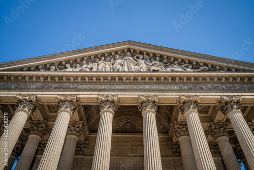 Low-angle view of the Église de la Madeleine pediment and.