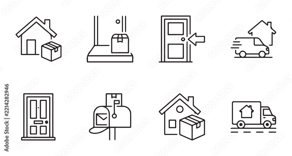 Fototapeta premium Delivery and moving icons set with house, package, door and van for logistics