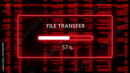 Futuristic Glowing Reed Neon File Transfer Loading Bar Overlay Screen Interface Symbolizing Cyber Document Exchange Progress Concept Isolated on Dark Background