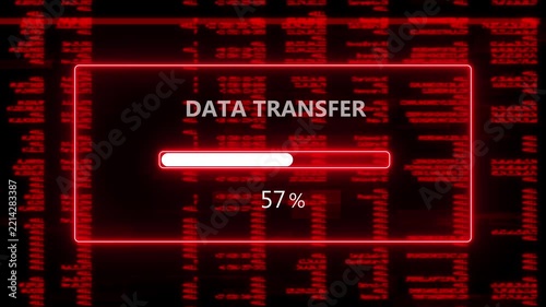 Futuristic Glowing Red Neon Data Transfer Loading Bar Overlay Screen Interface Symbolizing Cyber Information Exchange Complete Progress Concept Isolated on Dark Background