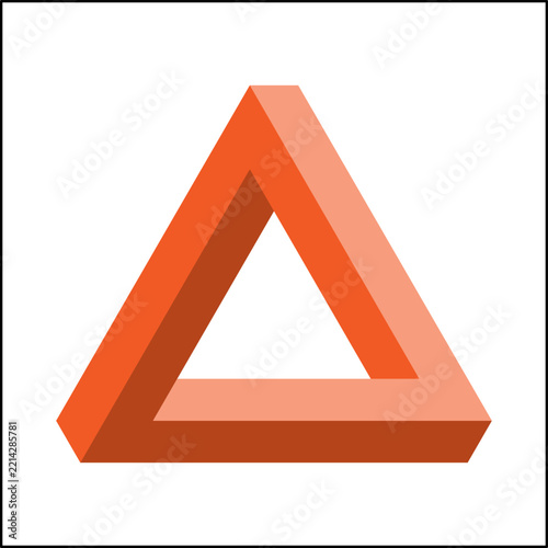 Bright orange Penrose triangle stands out against a white background. The geometric shape creates a visual paradox, challenging perception and illustrating the concept of impossible objects.
