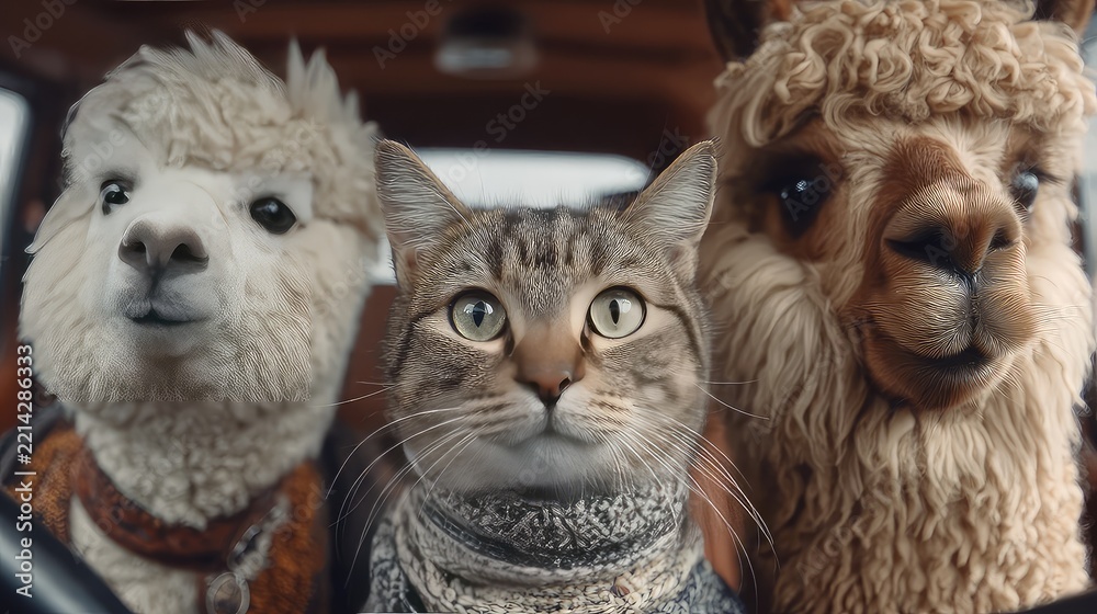 Fototapeta premium Adorable Alpaca and Cat Inside a Car Capturing Fun and Chaos