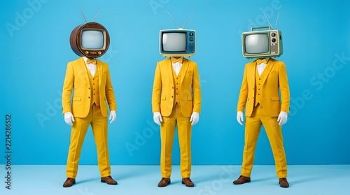 Three men in yellow suits with vintage TV heads on blue background