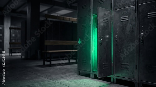 Partly open metal gym locker emitting an eerie green glow in a dark empty changing room with wooden benches