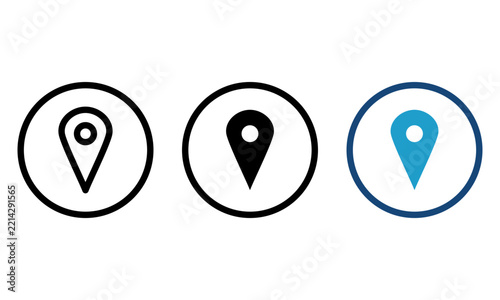 Map pin location vector icon set featuring GPS navigation pointer and place marker symbols in dual tone, solid glyph, and clean outline styles.