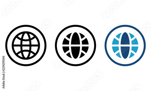 Global network vector icon set featuring website globe, internet, and www symbols in dual tone, solid glyph, and geometric outline styles.