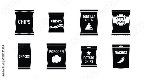 Black silhouettes of various snack food bags against a white background