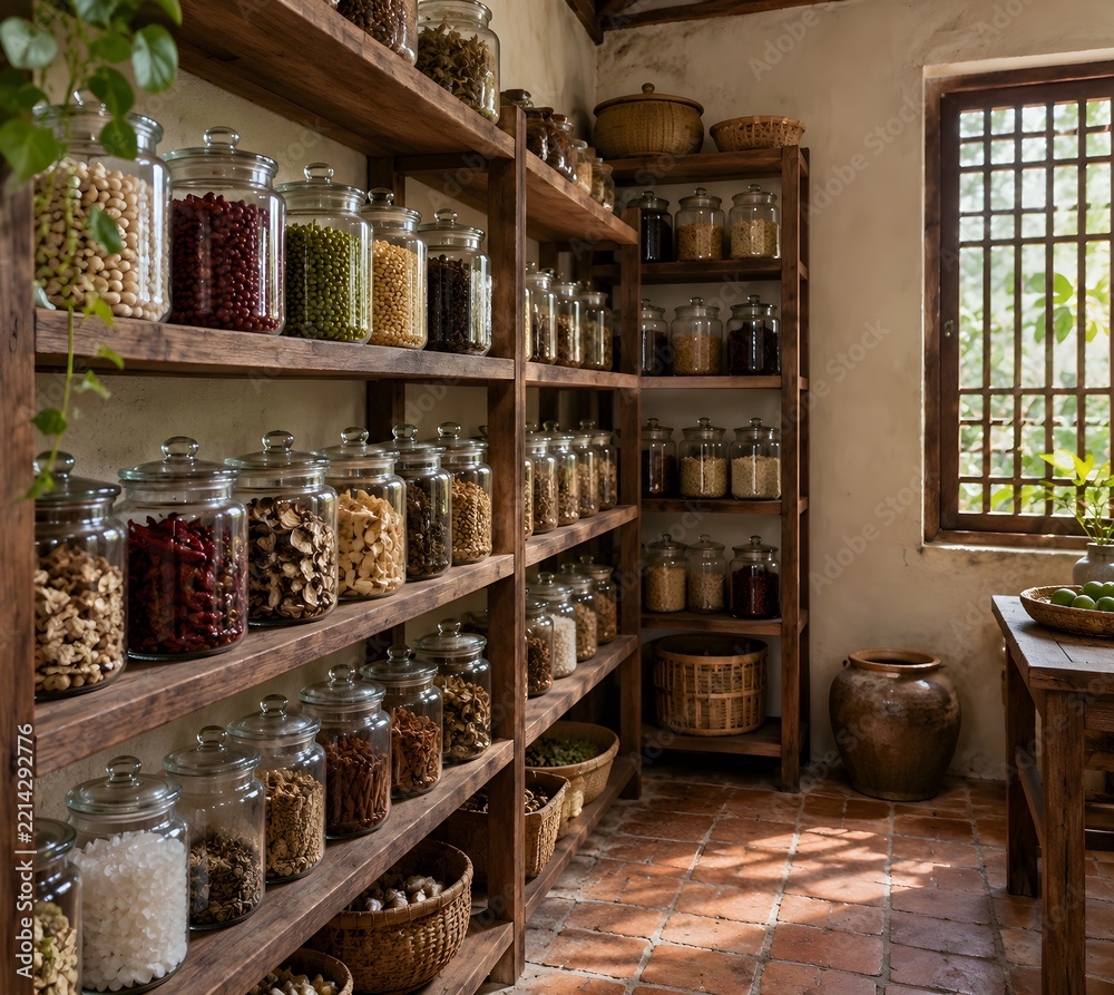 Fototapeta premium Wooden pantry shelves lined with glass jars in a Vietnamese garden house interior