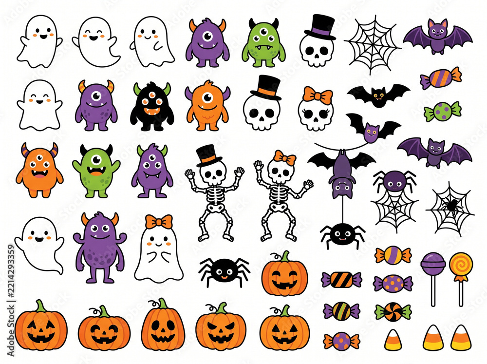 Fototapeta premium Cute Halloween Vector Illustration Set Featuring Friendly Ghosts, Monsters, Bats, Skeletons, Jack O Lanterns, Candy, Lollipops, Spiders and Webs Isolated on White Background