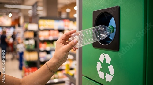 Hand inserting plastic bottle into reverse vending recycling machine.