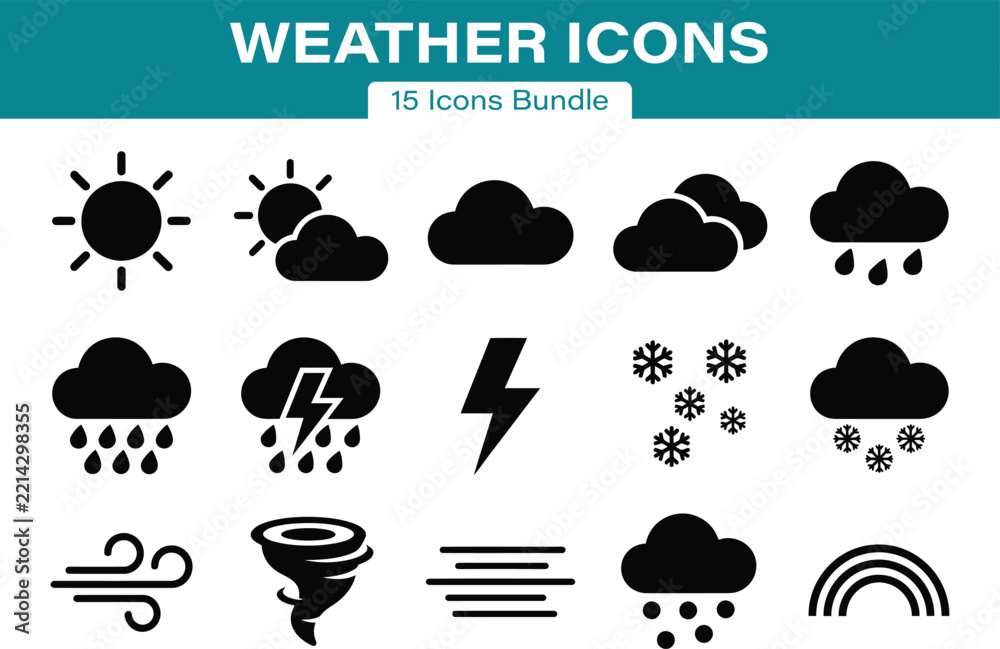 Fototapeta premium Weather Solid Black Silhouette Set of 15 Forecast and Meteorology Vector Icons