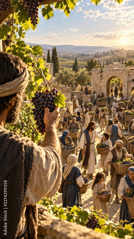 Fototapeta premium Jesus Christ among grape harvesters in an ancient village. The true vine, Gospel of John parable. Biblical harvest and discipleship. Christian faith, abundance and spiritual connection.